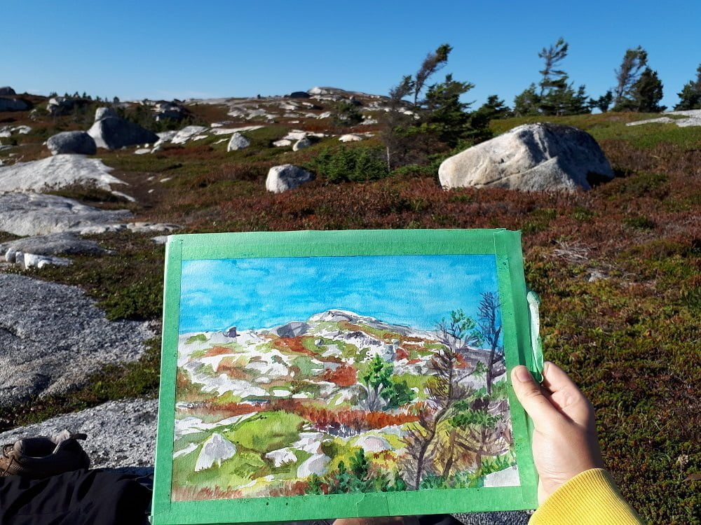 peggy's cove nova scotia watercolor painting by karolina szablewska en plein air painting